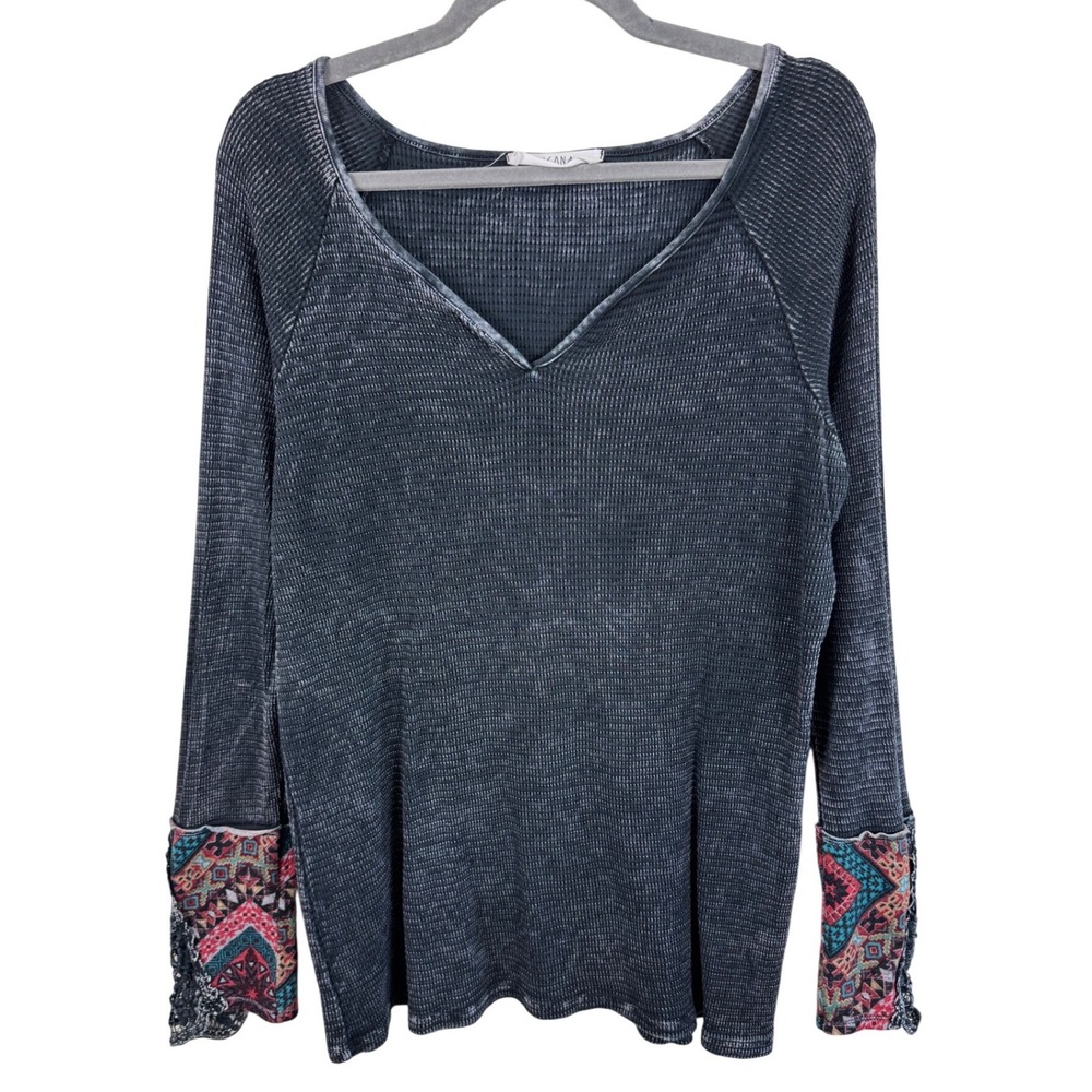 Americanable Womens Charcoal Mineral Wash Thermal Top‎ Southwestern Lace Cuff L